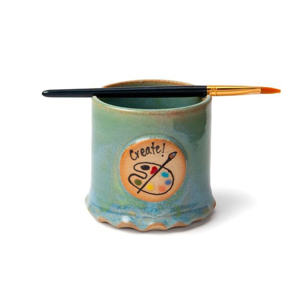 Joyful Clay handmade pottery artist’s paint brush cup blue/green glaze/rainbow.